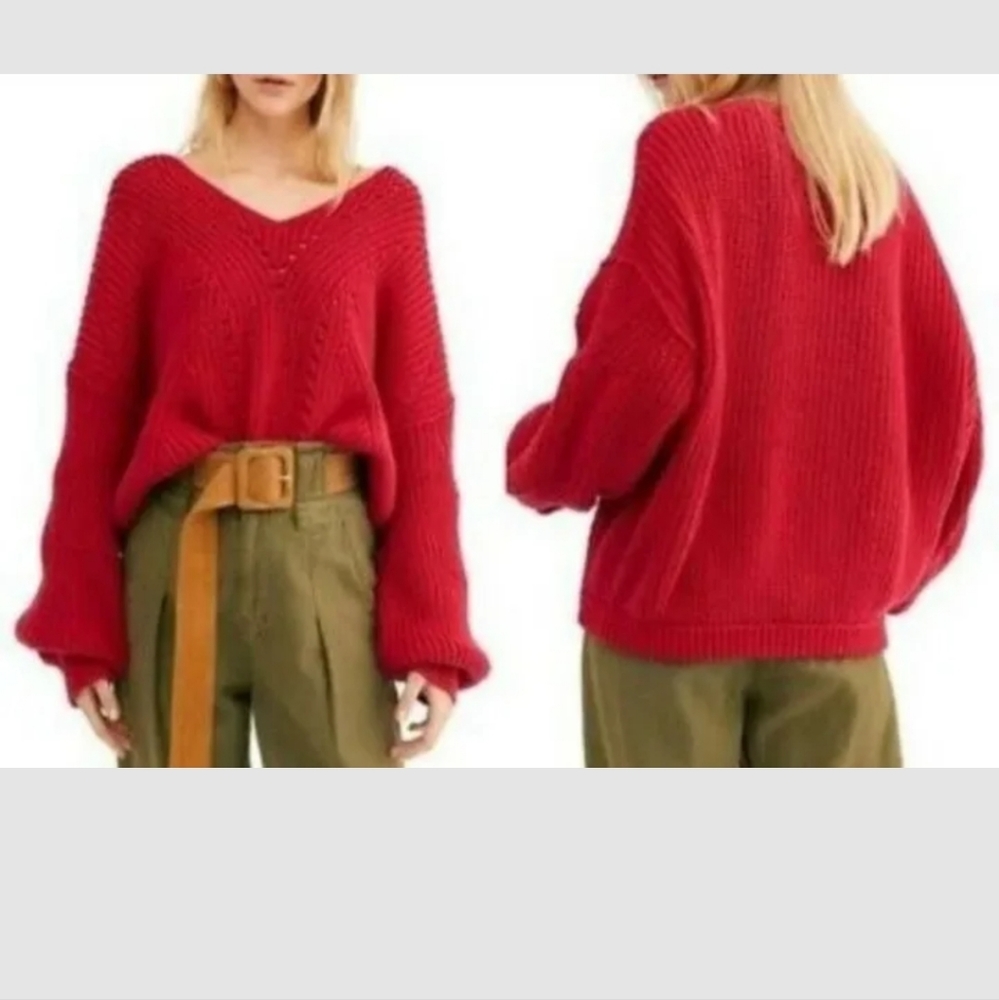 Free People Sweater Medium All Day Long Puff Sleeve Ribbed Knit Pullover Medium